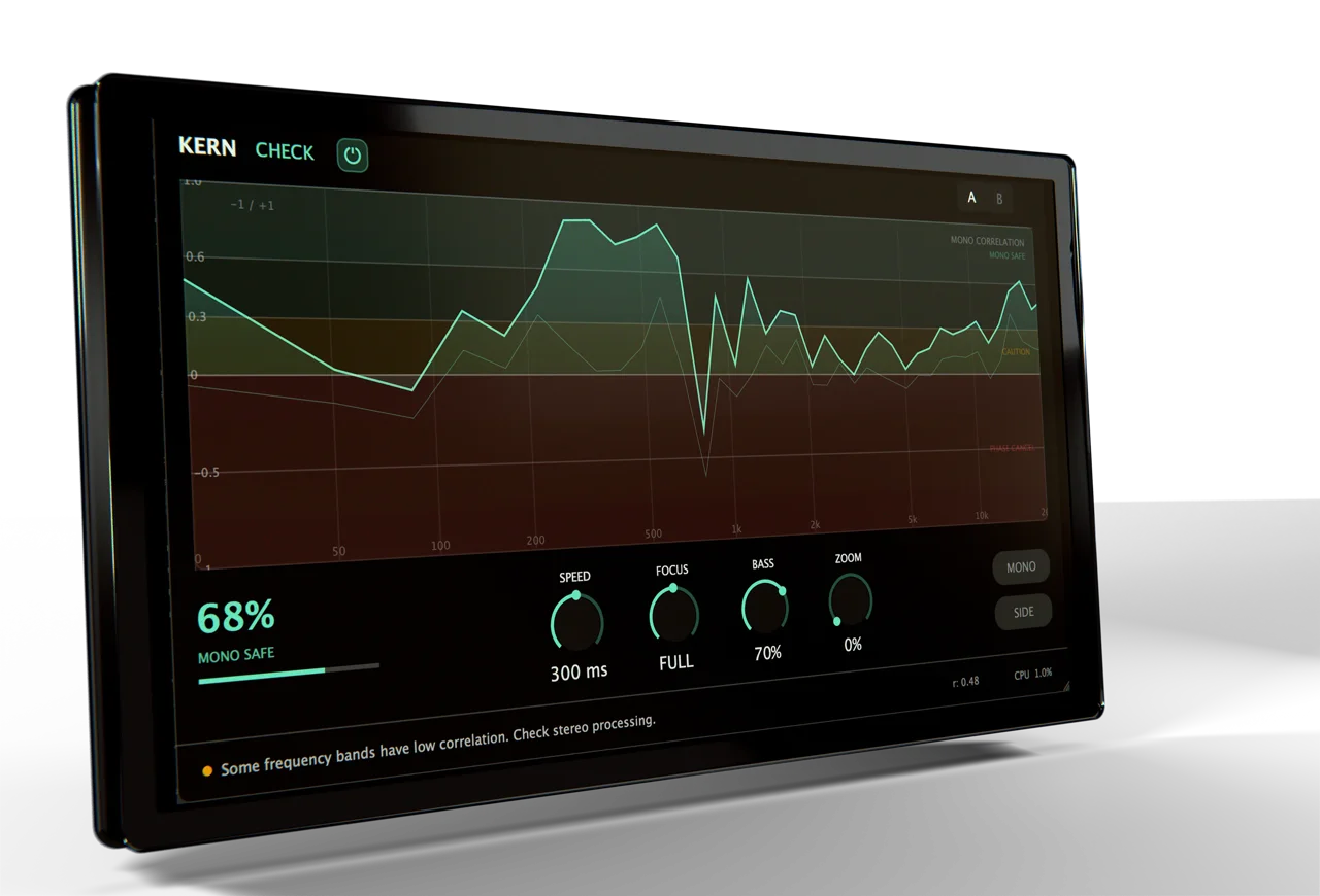 KERN CHECK plugin interface showing spectral mono compatibility analysis