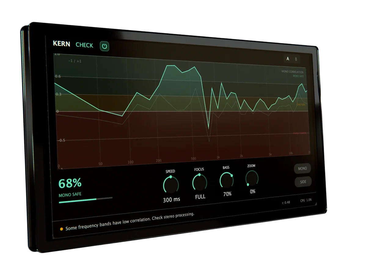 KERN CHECK plugin interface showing spectral mono compatibility analysis