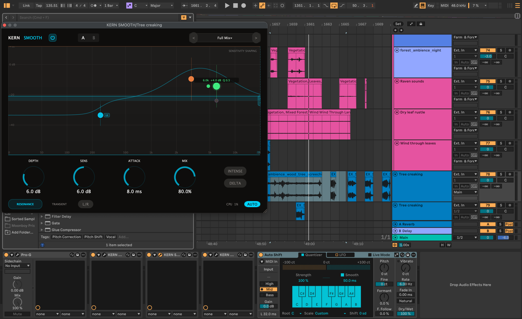 Ableton Live session for The Bornless: KERN SMOOTH on a tree-creaking SFX bus, sensitivity-shaped resonance curve over the spectral display, with stems labelled forest_ambience_night, raven sounds, dry leaf rustle, wind through leaves, tree creaking.