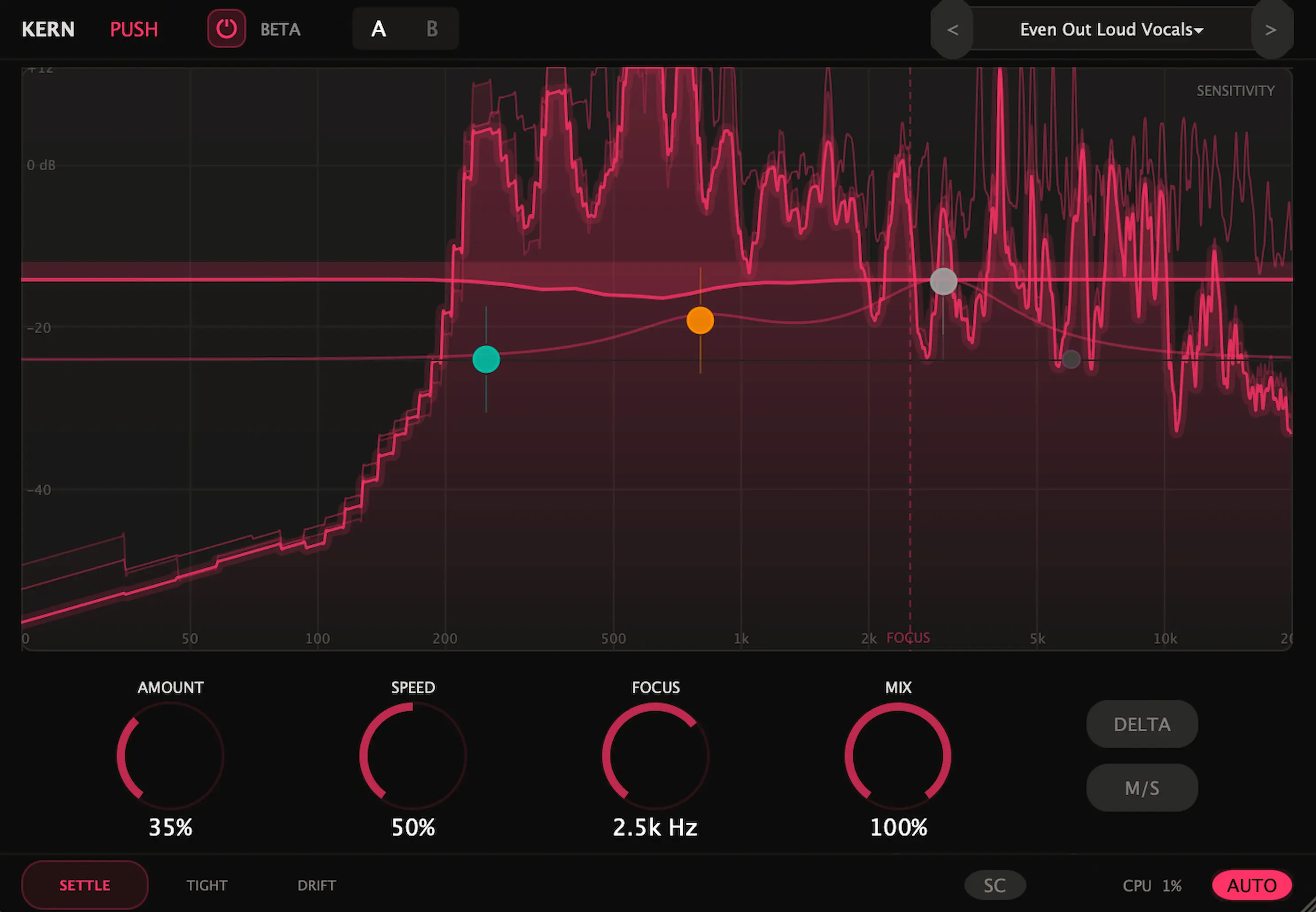 KERN PUSH in TIGHT mode processing a snare crack with spectral gain reduction display