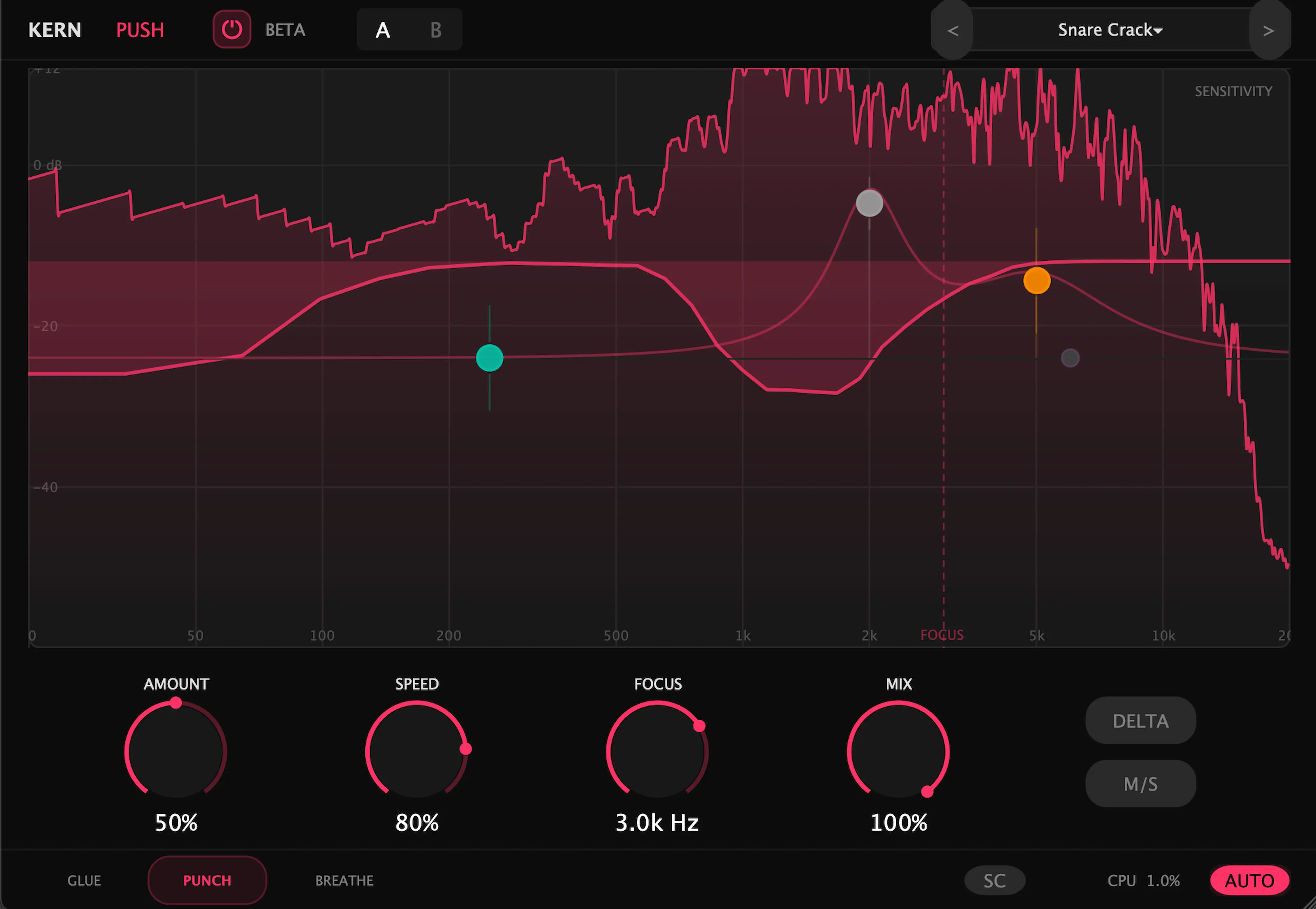 KERN PUSH in TIGHT mode processing a snare crack with spectral gain reduction display