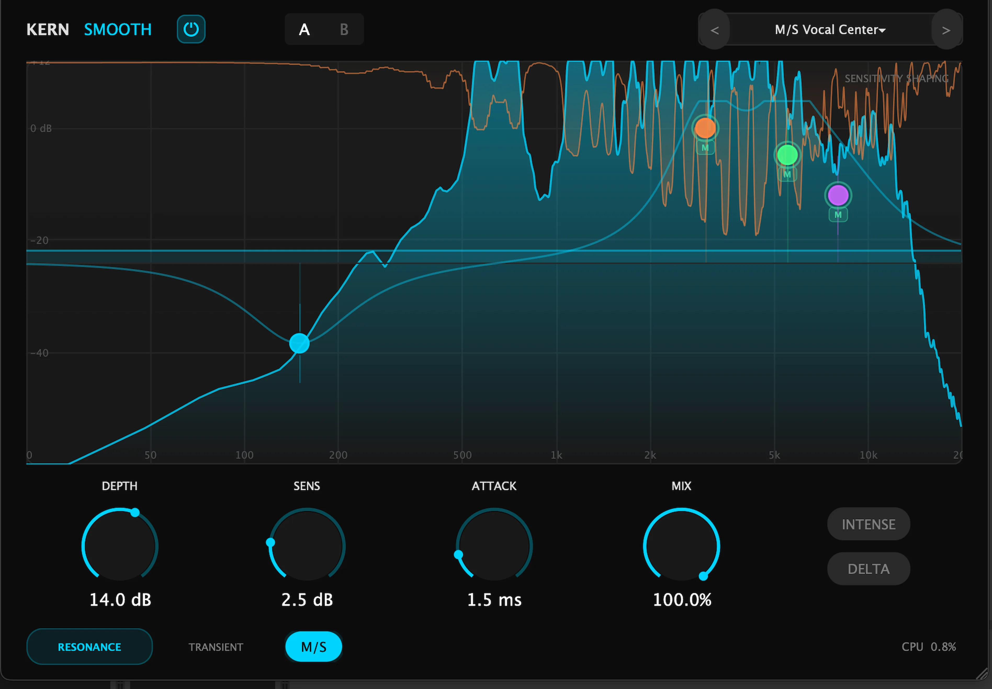 KERN SMOOTH processing a vocal track — spectral display showing dynamic resonance suppression