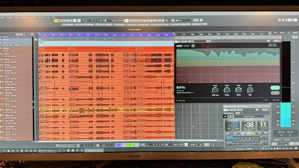 KERN CHECK running at 84% mono safe in a professional Cubase session with 30+ drum tracks