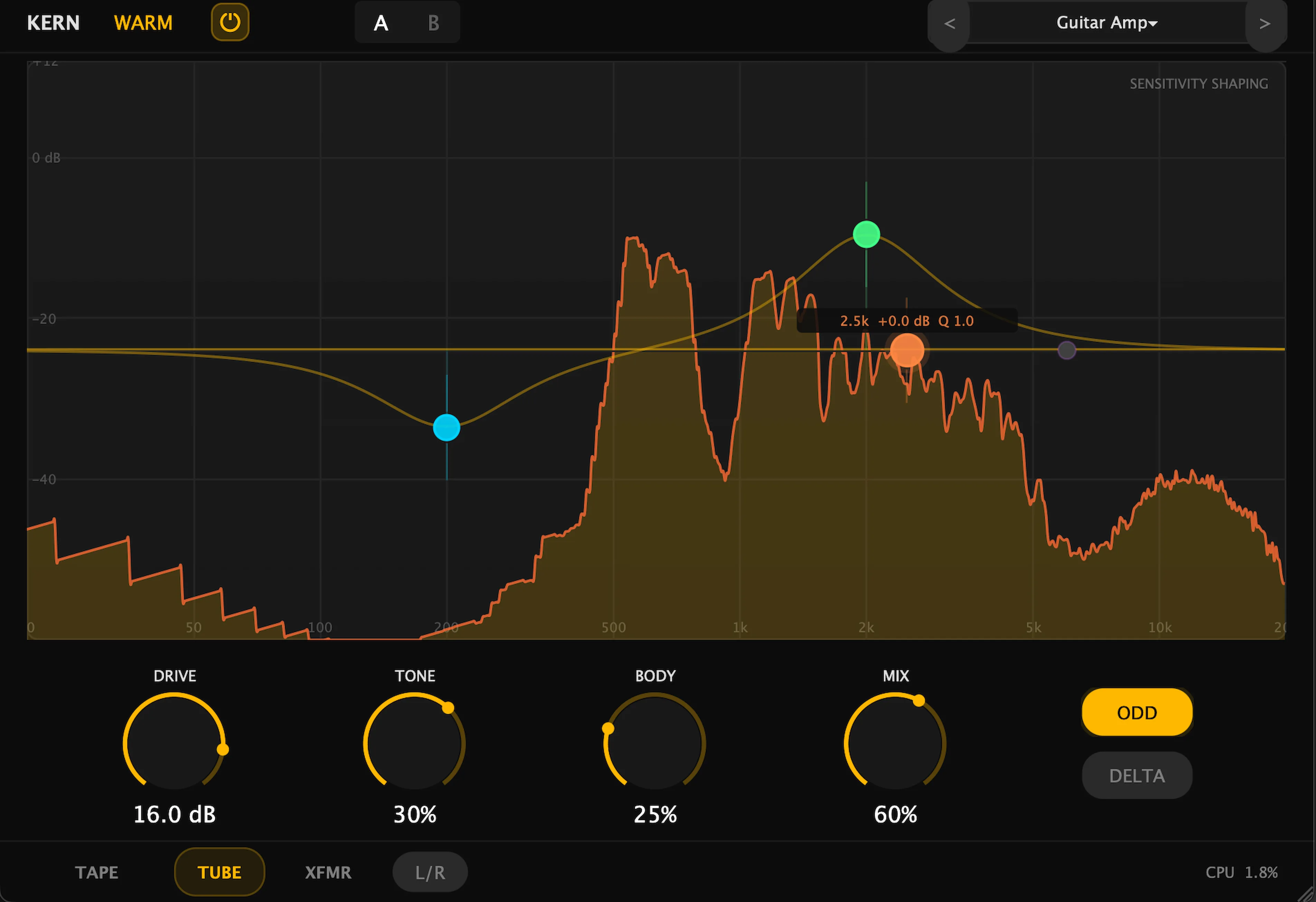 KERN WARM in Tube mode — sensitivity shaping with Cassette Glow preset