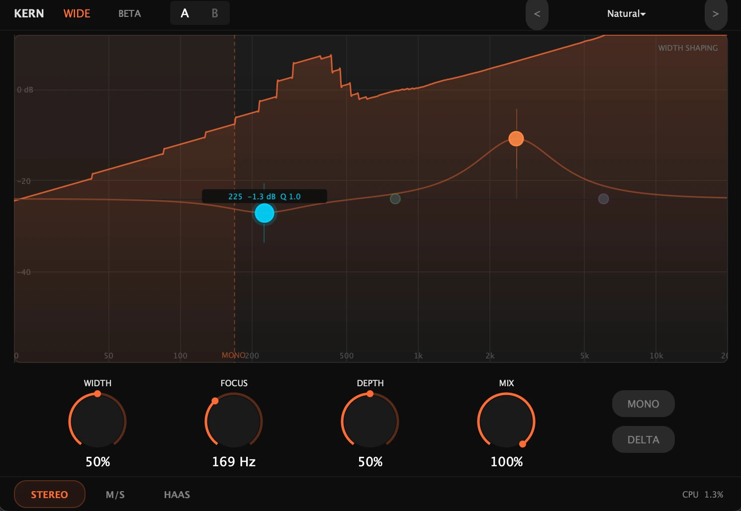 KERN WIDE in Stereo mode — width shaping with mono crossover protection